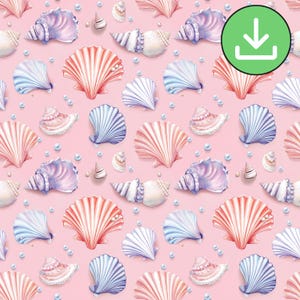Muszle i perły – bezszwowy wzór, powtarzający się wzór różowych muszli, letnia plaża, sublimacja, dziennik śmieciowy, papier cyfrowy, pobieranie cyfrowe