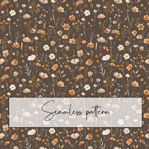 May include: A seamless pattern featuring a variety of small, delicate flowers in shades of brown, cream, and white on a dark brown background. The flowers are arranged in a random, organic pattern, creating a subtle and elegant design.