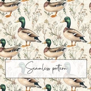 Puede incluir: Un patrón sin costuras que presenta un diseño repetitivo de patos colorados y follaje verde estilizado sobre un fondo crema. Los patos están representados en un estilo realista con plumas marrones y verdes.