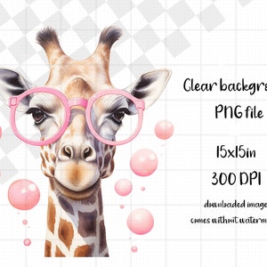 Giraffe With Pink Glasses PNG, Watercolour Cool Giraffe Clipart, Printable, Sublimation, Digital Download