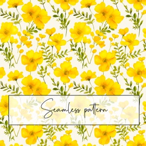 Aquarell hellgelbe Blume grüne Blätter Nahtlose Muster, Florale Rapportmuster, Papier, Stoffmuster, Tapete, digitaler Download