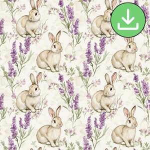 Watercolor Bunny & Lavender Seamless Pattern, Repeat Tile, Floral Rabbit Design (Digital Download