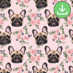 Piastrella senza soluzione di continuità con motivo floreale acquerello di bulldog francese, motivo ripetuto con fiori rosa e rose, floreale, sfondo rosa, download digitale