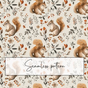 May include: A seamless pattern featuring watercolor illustrations of squirrels and floral elements. The squirrels are brown and have bushy tails. The flowers are in shades of pink, orange, and brown. The background is a light beige color.