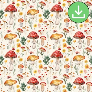 Patrón sin costuras de hongos y flores, hongo sapo amarillo y rojo, patrón repetitivo, tarjeta imprimible, sublimación, descarga digital