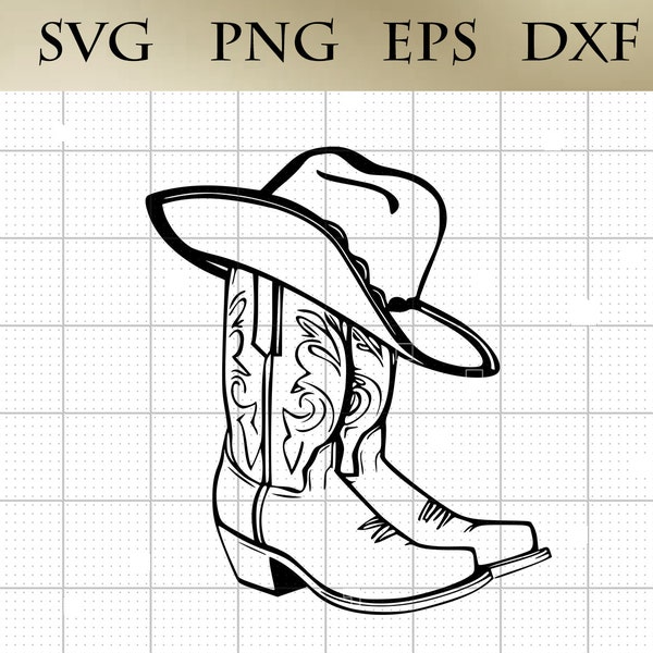 Botas de vaquero y sombrero SVG png eps dxf Vector Art, Diseño Digital Cricut, Descarga Instantánea