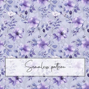 Könnte beinhalten: Ein nahtloses Blumenmuster mit lila Blumen und Blättern im Aquarellstil auf hellgrauem Hintergrund. Das Design enthält den Text "Seamless pattern" in einem weißen Rechteck.