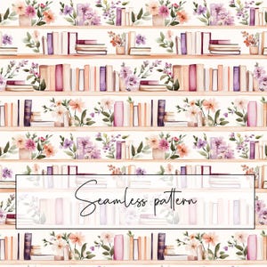 Estante floral com padrão sem emendas, estantes com flores roxas e pêssego, azulejos com padrão repetido, botânico, cartão para impressão, papel, download digital