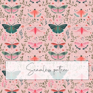 Rosa Hintergrund Motte Musterdesign, bunte Motten Muster wiederholen, hell, druckbare Karte, Sublimation, digitales Papier, digitaler Download