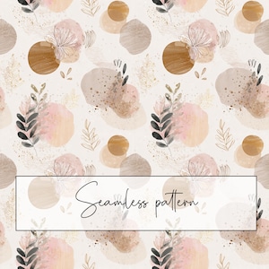 Può includere: Un design a motivo continuo con forme astratte nei toni del beige, marrone e rosa, con accenti floreali e di foglie. Il testo "Seamless pattern" è visualizzato in un rettangolo bianco.