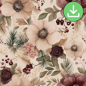Motif floral sans couture d'hiver bordeaux beige, carreaux de motif répétitif aquarelle, couleurs douces, imprimable, papier numérique, téléchargement numérique