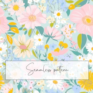 May include: A seamless pattern featuring a variety of flowers in shades of pink, yellow, blue, and white on a light blue background. The flowers are arranged in a random pattern and include daisies, roses, and other floral designs.