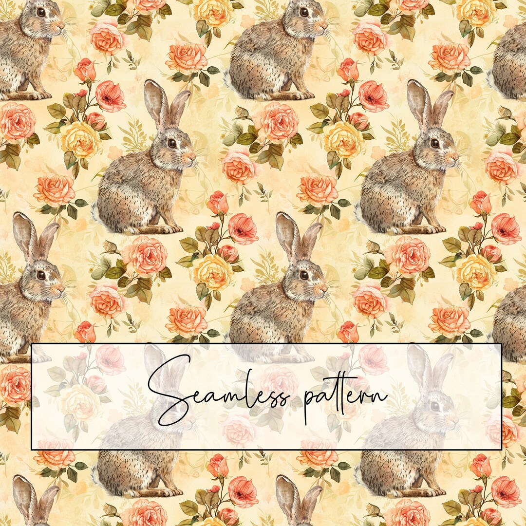 Vintage Rabbit Pattern Vintage Style Shabby Chic Rabbit Seamless Pattern, Beige Floral Rose ...