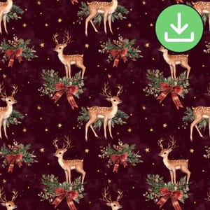 Christmas Deer Red Seamless Pattern, Dark Burgundy Reindeer Repeat Pattern Tile, Traditional Christmas, Printable, Digital Download
