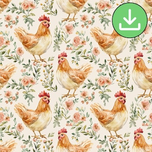 Cute Chicken With Flowers Seamless Pattern, Farm Floral Hen Repeat Pattern Tile, Earthy Tones, Sage Green Beige Blush Pink, Digital Download