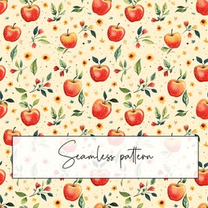 Puede incluir: Un patrón sin costuras que presenta manzanas rojas con hojas y tallos verdes, rodeadas de pequeñas flores amarillas y rojas sobre un fondo amarillo claro. El texto "Seamless pattern" está escrito en blanco sobre un rectángulo blanco.