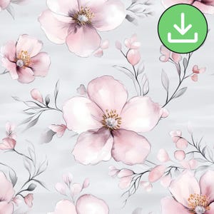 Aquarelle transparente motif fleurs roses fard à joues, fond gris clair élégant motif floral répétitif carrelage, imprimable, téléchargement numérique