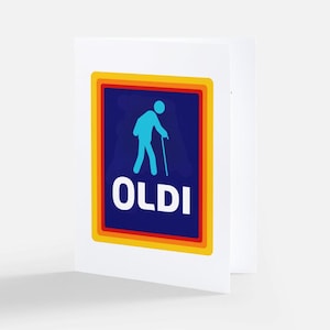 May include: A white card with a blue square with a yellow, orange, and red border. Inside the square is a blue silhouette of a person walking with a cane. The word "OLDI" is printed in white letters below the silhouette.