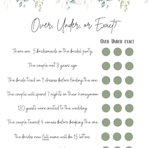 Over, Under, or Exact! Bridal Shower Game!