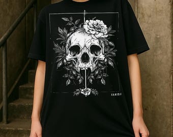 Skull Rose Goth Tshirt: Goth Graphic Tee, Dark Cottagecore Alt Clothing