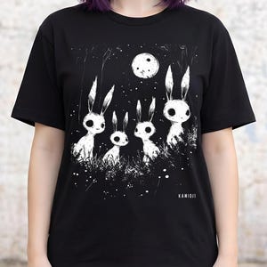 Creepy cute goth bunny tshirt, high contrast white ink on black. 100% cotton crew neck tee, unisex fit. Best seller for KAMIOJI.