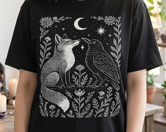 Fox & Crow Linocut Shirt, Dark Cottagecore Tshirt, Witchy Nature Graphic Tee, Celestial Clothing