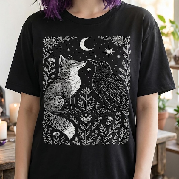 Fox & Crow Linocut Shirt, Dark Cottagecore Tshirt, Witchy Nature Graphic Tee, Celestial Clothing