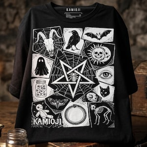 Camiseta de bruja macabra: camiseta gráfica de patchwork gótico espeluznante