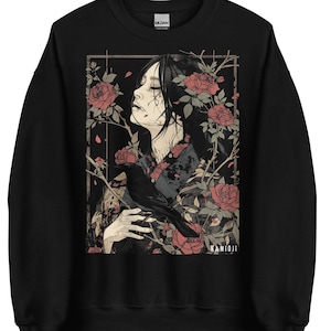Japanese Crow Sweatshirt - Gothic Art Nouveau Sweater, UNISEX Dark Art Graphic Pullover