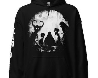 Sudadera con capucha de Bigfoot y sus amigos: Suéter de críptidos espeluznantes, sudadera de arte oscuro.