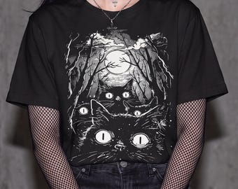 T-shirt Black Cat Coven, T-shirt graphique Forêt Lunaire Sorcière, Vêtements Alternatifs