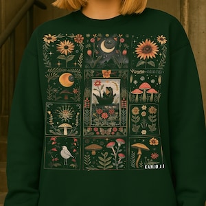 Frog Cottagecore Sweatshirt - Floral Whimsical Mushroom Collage Sweater, UNISEX Goblincore Clothes