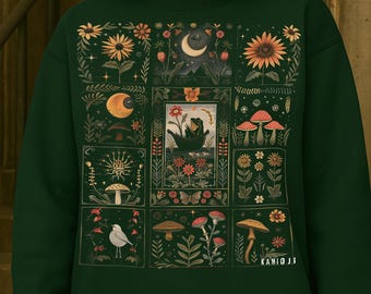 Frog Cottagecore Sweatshirt - Floral Whimsical Mushroom Collage Sweater, UNISEX Goblincore Clothes