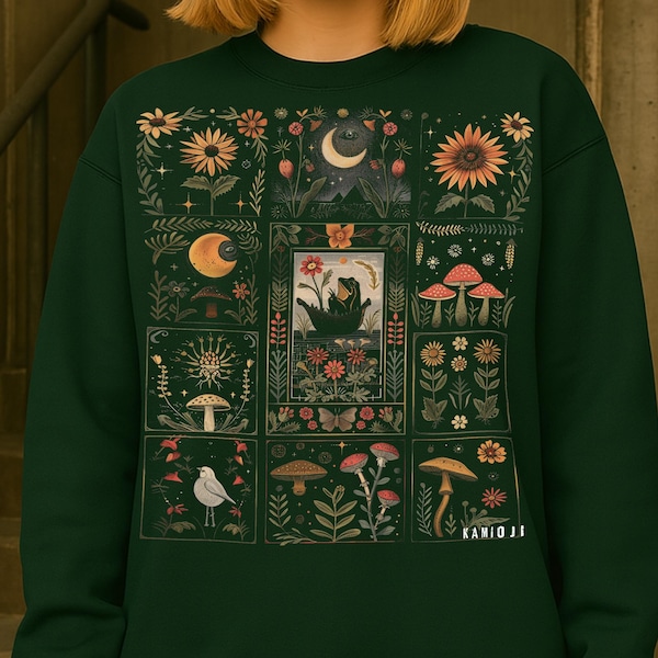 Frog Cottagecore Sweatshirt - Floral Whimsical Mushroom Collage Sweater, UNISEX Goblincore Clothes