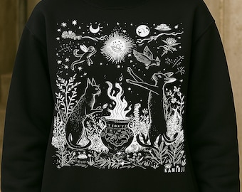 Celestial Cat Sweatshirt: Witchy Linocut Sweater, Dark Cottagecore Clothes, Alternative Clothing, KAMIOJI