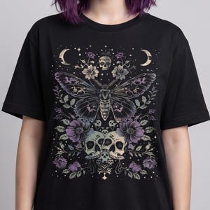 Gothic Luna Moth Shirt | Witchy Floral Skull Tee, Dark Romance | Dark Academia, Alt Clothing