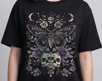 Gothic Luna Moth Shirt | Witchy Floral Skull Tee, Dark Romance | Dark Academia, Alt Clothing