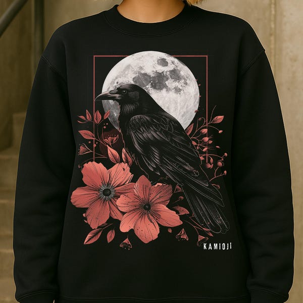 Gothic Crow Sweatshirt: Floral Moon Sweater, Witchy Alt Clothing