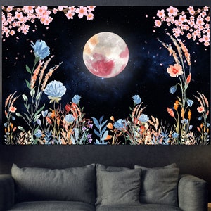 Moon Tapestry Aesthetic, Witchy Cottagecore Decor, Wall Hanging Tapestry, Floral Botanical Print, Flower Art, Pink Sakura Cherry Blossom