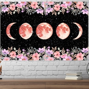 Moon Tapestry Aesthetic, Wall Hanging Witchy Decor, Celestial Cottagecore Decor, Floral Print, Flowers Wall Art