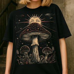 Vintage svamp-t-shirt: Boho Sun-t-shirt, mörk cottagecore-tröja, psykedeliska alternativa kläder