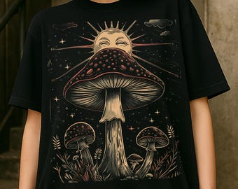 Vintage Mushroom Tshirt: Boho Sun T-Shirt, Dark Cottagecore Shirt, Psychedelic Alt Clothing