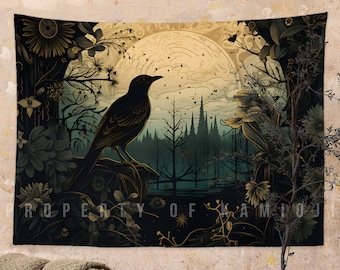 Tapisserie corbeau, esthétique tapisserie lune, décoration cottagecore sombre sorcière, tenture murale florale, art mural gothique