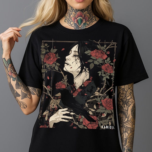Japanese Crow Tshirt: Gothic Art Nouveau Shirt, Unisex Dark Art Graphic Tee, KAMIOJI