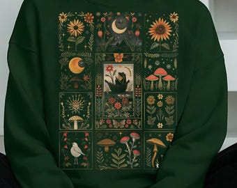 Frog Cottagecore Sweatshirt - Floral Whimsical Mushroom Collage Sweater, UNISEX Goblincore Clothes