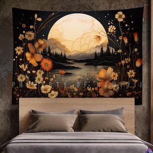 Moon Tapestry Aesthetic, Witchy Decor, Cottagecore, Wall Hanging Tapestry, Floral Print, Altar Cloth, Wild Flowers