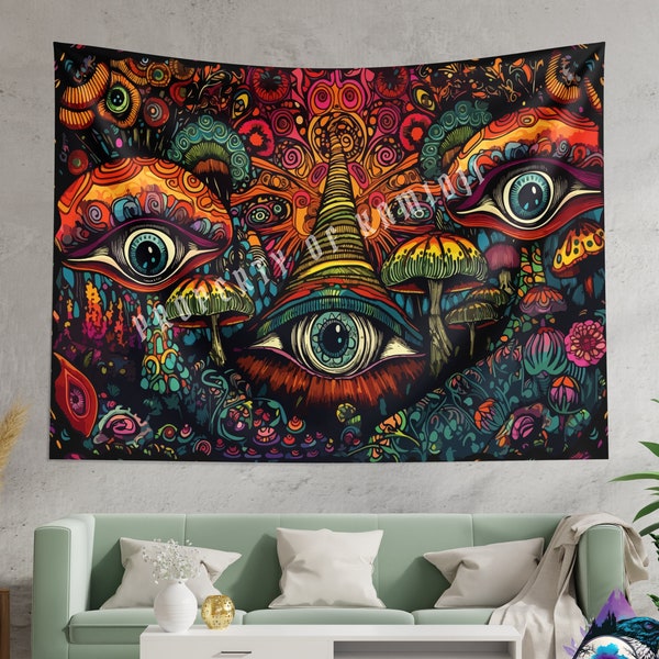 Art mural trippy, tapisserie champignon, tenture murale mandala psychédélique, décoration de chambre esthétique