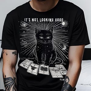 Chemise de tarot de chat, t-shirt de chat noir de sorcière, T-shirt drôle d'amant de chat, t-shirt graphique céleste unisexe, KAMIOJI