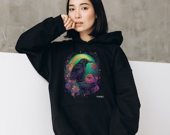 Crow Hoodie, Witchy Clothing, Pullover Sweater, Moon & Flowers, Pastel Goth, Alt Clothing, Raven Art, UNISEX 3XL 4XL 5XL