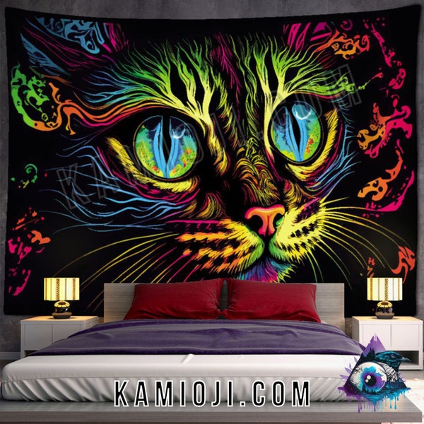 Boho Cat Wall Tapestry Psychedelic Wall Hanging Room Decor Trippy Art Cat Lover Gift